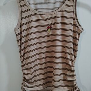 Ultra Flirt Beige and Brown Striped Tank Top with Mushroom embroidery.